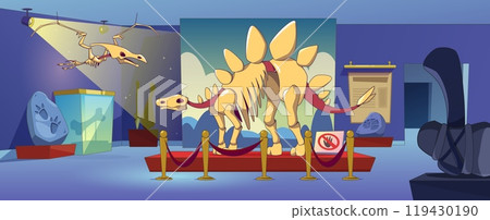 Museum exhibit with stegosaurus dinosaur fossil Museum exhibit with stegosaurus dinosaur fossil 119430190