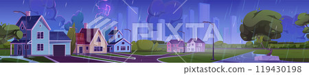 Suburban landscape with countryside house in rain. 119430198