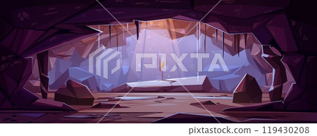 Interior of dark underground cave with grow plant Interior of dark underground cave with grow plant 119430208