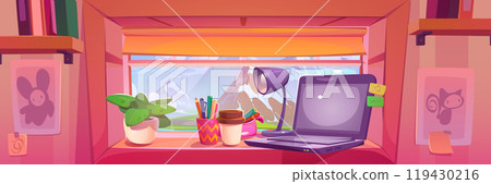 Laptop computer on window with mountain view 119430216