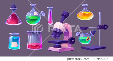 Chemical lab microscope and flasks set 119430250