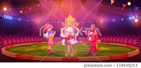 Circus stage with artists inviting to performance 119430253
