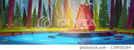 Wooden cabin on shore of lake or river in forest. Wooden cabin on shore of lake or river in forest. 119430264