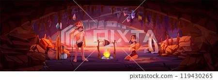 Prehistoric age cave with man cartoon vector scene Prehistoric age cave with man cartoon vector scene 119430265
