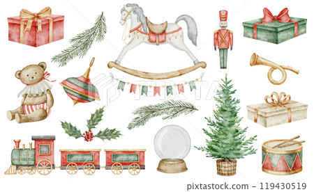 Christmas Baby Toys watercolor clip art. Illustration of retro vintage rocking horse and fir tree for childish New Year greeting cards or Xmas invitations. Drawing of Teddy bear and presents. 119430519