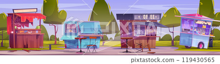 Street food market with abandoned and broken kiosk 119430565