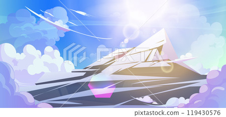 Snowy mountain top above clouds against blue sky 119430576