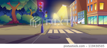 Night city street with road crossing and park 119430585