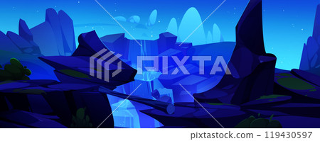 Rocky cliff with bridge made of wood log at night Rocky cliff with bridge made of wood log at night 119430597