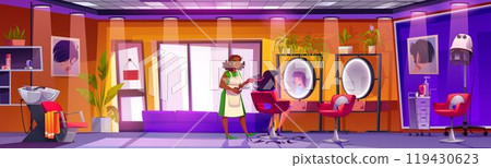 Beauty salon interior with stylist and client. Beauty salon interior with stylist and client. 119430623