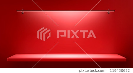 Red wall background with shelf and long lamp light 119430632