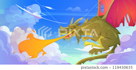 Fantasy dragon breathing with fire in blue sky 119430635