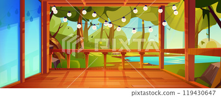 Wooden veranda or terrace of house in forest 119430647
