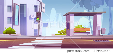City street with bus stop bench and road crossing 119430652