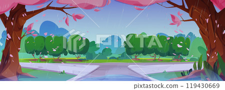 Rainy spring park with sakura trees 119430669