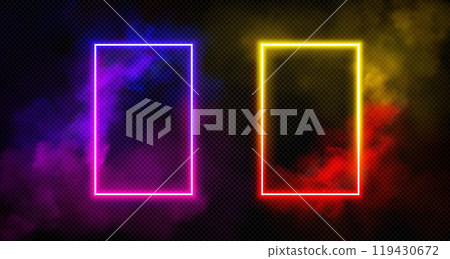 Rectangle neon luminous frame with smoke clouds. Rectangle neon luminous frame with smoke clouds. 119430672