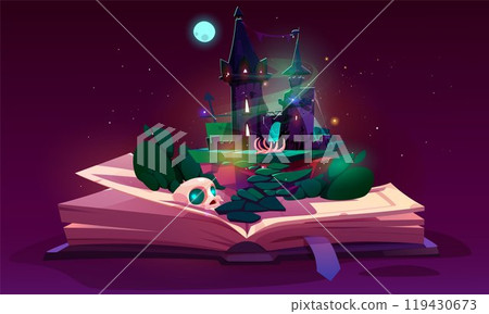 Open fairytale book with magic spooky witch house Open fairytale book with magic spooky witch house 119430673