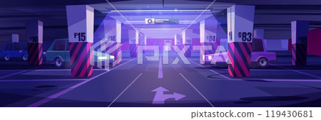 Underground car parking interior at night. 119430681