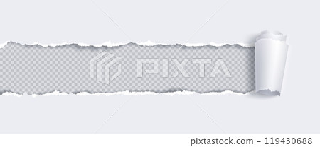 Paper banner with torn hole and rolled edge. Paper banner with torn hole and rolled edge. 119430688