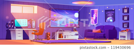 Video game room interior for playing and streaming 119430696