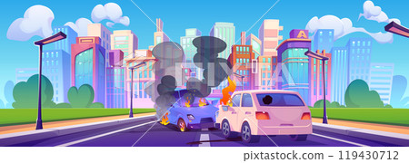 Car accident on city road near high rise buildings 119430712
