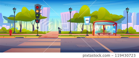 Cartoon summer city street landscape with sidewalk Cartoon summer city street landscape with sidewalk 119430723