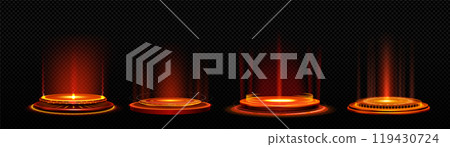 Magic portal with round podium and red glow beams. Magic portal with round podium and red glow beams. 119430724