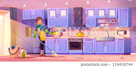 Housewife cleaning messy kitchen 119430744