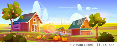 Village farm with barn and haystack 119430782