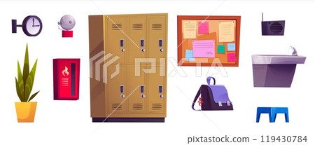 School hallway cartoon interior elements set 119430784