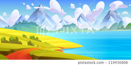 Lake or river at foot of mountains Lake or river at foot of mountains 119430806