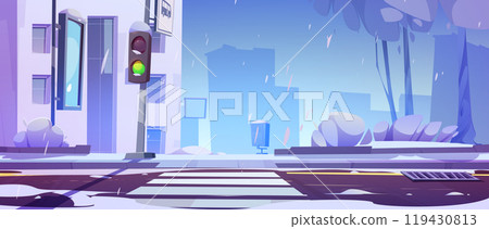 Cartoon winter city street landscape with sidewalk 119430813