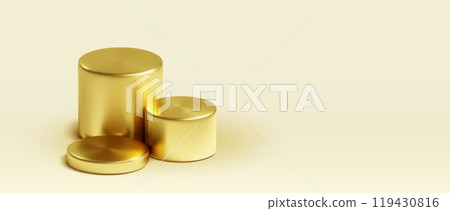 Golden 3D cylinders on beige background Golden 3D cylinders on beige background 119430816
