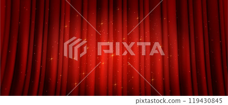 Red curtain with light spot and golden sparkles 119430845