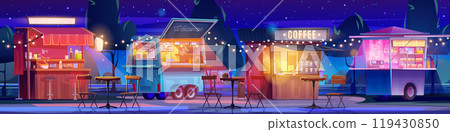 Street food and drink stalls in night park Street food and drink stalls in night park 119430850