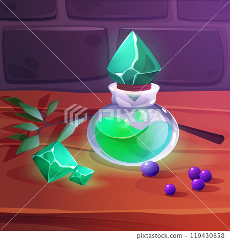 Glass bottles with magic green potion on table 119430858