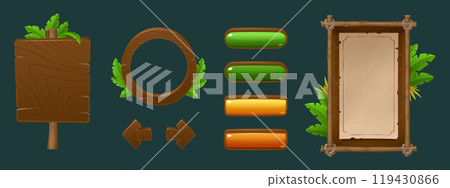 Wooden and old paper boards with jungle leaves Wooden and old paper boards with jungle leaves 119430866