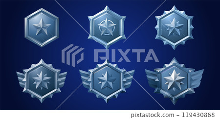 Hexagon metal badge with star for game level rank Hexagon metal badge with star for game level rank 119430868