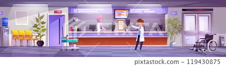 Hospital reception with receptionist and doctor Hospital reception with receptionist and doctor 119430875
