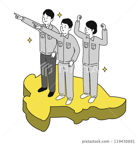 在佐賀縣工作的穿著工作服的微笑男女的圖像插圖 119430891