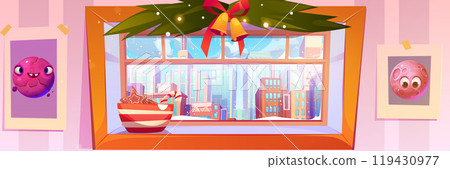 Window of room with xmas decor and view on city 119430977