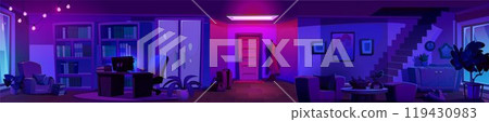 Panoramic home interior at night. 119430983