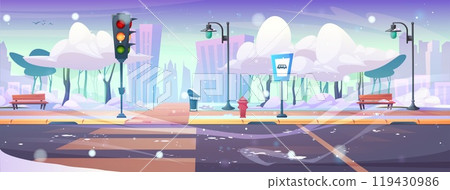Cartoon winter city street landscape with sidewalk 119430986