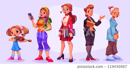 Life cycle of woman - child to grandmother. 119430987