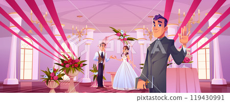 Groom and bride under wedding arch 119430991