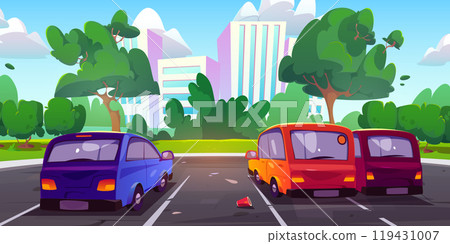 Cars on parking lot in summer city 119431007
