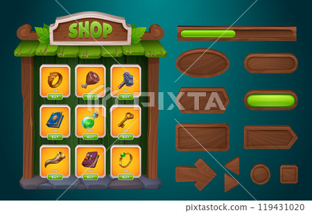 Wood game shop ui interface with button frame Wood game shop ui interface with button frame 119431020