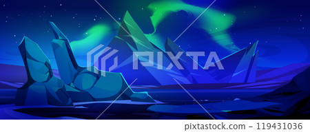Night antarctic landscape with aurora borealis 119431036