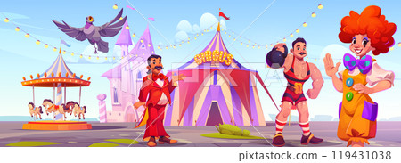 Circus or carnival artists in amusement park. 119431038