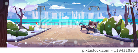 Snow winter park with embankment and sea view 119431080